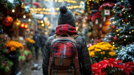 Obraz premium A person in a cozy winter scene filled with festive lights and colorful plants.
