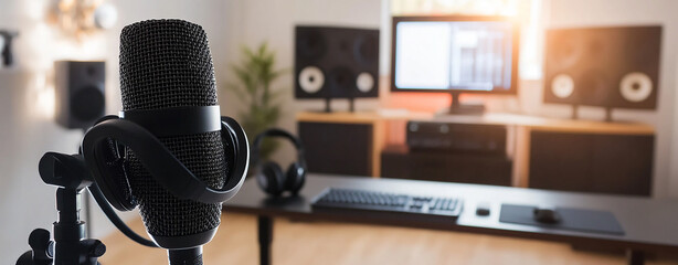 Black microphone placed on a desk in a home studio setup with a computer, ideal for recording or streaming