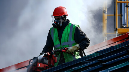 Fototapeta premium Worker Cleaning Roof with High-Pressure Sprayer