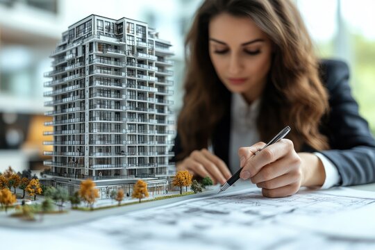 Architect Woman working on a building model - Powered by Adobe