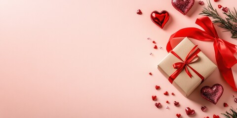 A beautifully wrapped gift, adorned with romantic symbols and surrounded by delightful decorations, making it perfect for celebrating love and affection on Valentines Day with a loved one