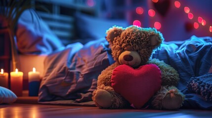 A teddy bear cuddling a heart-shaped pillow, surrounded by a softly lit room with a hint of romantic decoration.