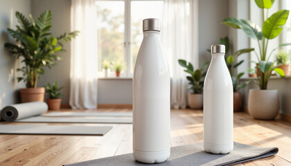 Minimalist white reusable water bottles in yoga studio, eco-friendly lifestyle