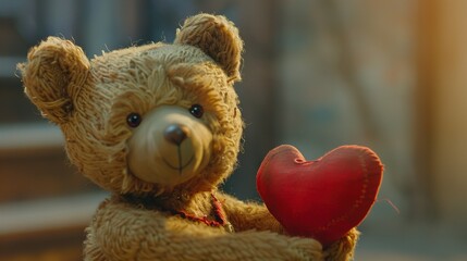 A teddy bear holding a red heart, with a soft focus on its button eyes and stitched features, set against a gentle, dreamy background.