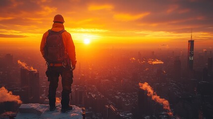 Fototapeta premium Man on Rooftop at Sunrise