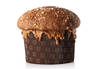 Christmas Italian cake panettone, soft traditional sweet bread with nuts, raisins and chocolate on festive black background