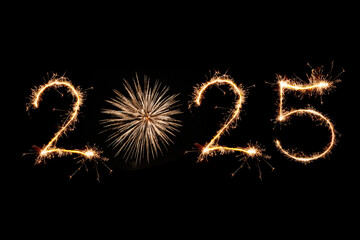 2025 written with Sparkle firework on black background, happy new year 2024 concept