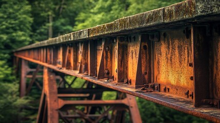 Rusty Railroad Bridge Beams in a Green Forest