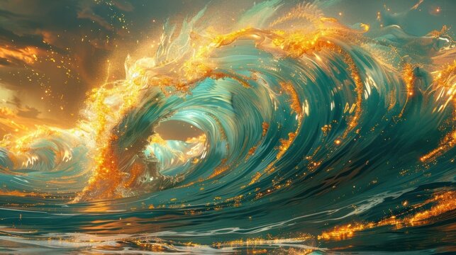 Fiery Oceanic Vortex   Powerful Swirling Wave in Vibrant Sunset Seascape with Dramatic Motion Energy and Natural Force
