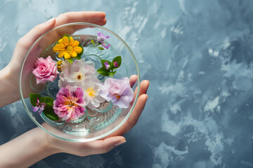 Spa treatment for hands, manicure, glass bowl with water and flowers. High quality photo