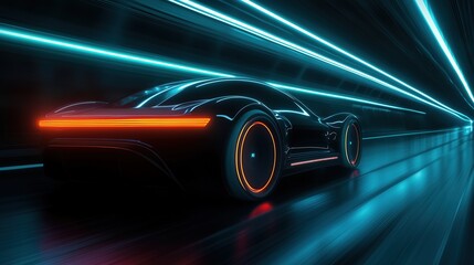 Obraz premium Futuristic silhouette of the car in motion, aerodynamic body, high-tech and ultra-modern look. Stripes of blue neon light and shadow create a tunnel on dark tones, a sense of speed and energy.