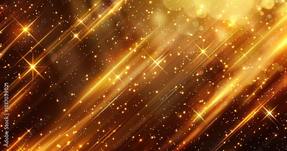 Poster a shimmering golden background with sparkling lights and diagonal streaks.