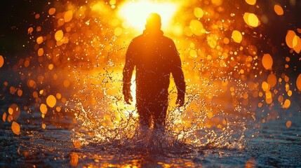 Obraz premium Man walking in a glowing golden light surrounded by bokeh particles