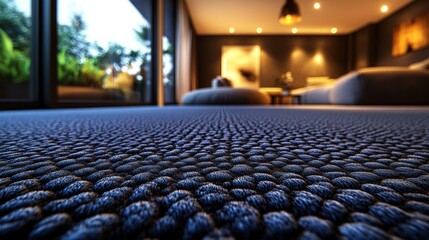 Fototapeta premium Close-up of textured blue carpet in modern room.