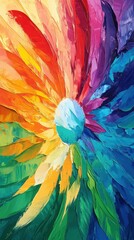 Vibrant abstract painting with textured brush strokes in rainbow colors radiating from a central focal point
