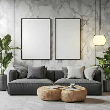 Modern Minimalist Living Room Mockup with Two Blank Frames, Gray Sofa, and Marble Wall
