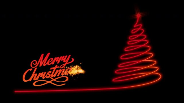 Animated drawing of red "Merry Christmas" text with a glowing tree. Alpha channel.