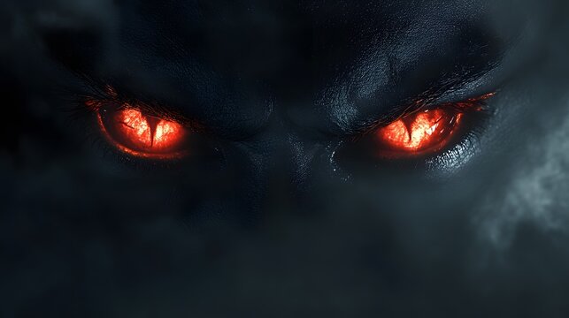 Burning Eyes of a Dark Creature Emerging from Smoke