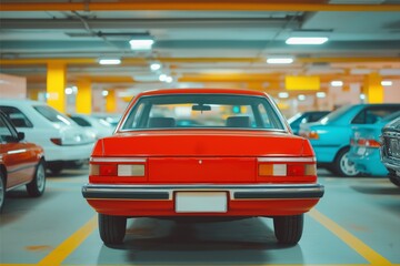 A red car stands prominently in a brightly lit urban parking garage, surrounded by other vehicles. The vibrant hues create a striking and lively atmosphere for stock photography.