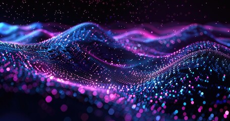 Abstract digital landscape with vibrant waves and particles in purple and blue hues.