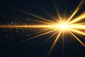 Fototapeta premium single golden laser beam illuminates pitch black background, creating stunning visual effect with sparkling particles