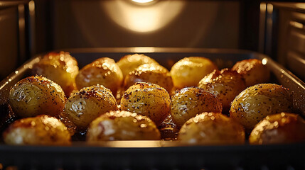 Crispy roasted potatoes baking inside an oven, in a baking tray