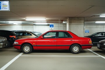 A classic red sedan is neatly parked in an indoor parking garage, surrounded by other vehicles, evoking a sense of nostalgia and simplicity in modern urban life.