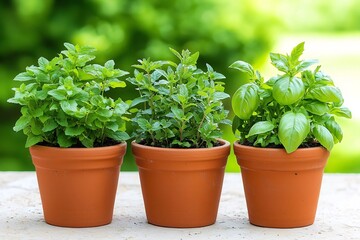 Fototapeta premium Flourishing Herb Garden in Charming Terracotta Planters on Rustic Patio