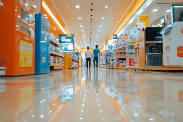 Two people are walking in a spacious, brightly lit retail store aisle lined with various products, showcasing a modern and clean shopping environment.