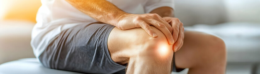 Man experiencing knee pain, holding and gently pressing his painful knee joint, sitting indoors.