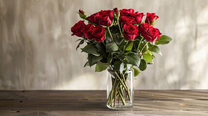 A vibrant bouquet of fresh red roses arranged in an elegant glass vase, placed on a wooden table with soft natural light.