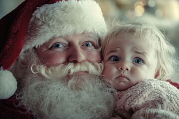 Xmas promotion concept snapshot for print ad and online networks use. Happy christmas, Ñute baby girl upset with santa claus. Kids baby santa lap. Santa ad kids happy. Santa toddler photo ad.