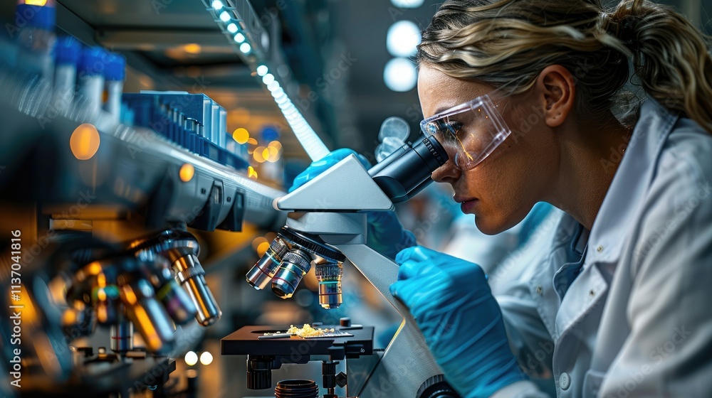 Aufkleber a scientist examines samples under a microscope in a laboratory setting.