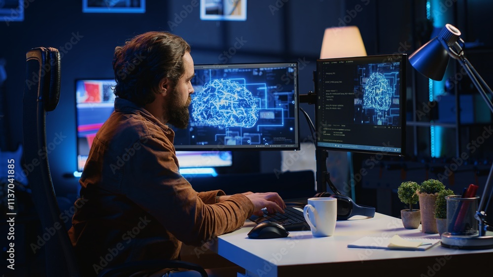Poster developer updating artificial intelligence neural networks, typing on computer keyboard and drinking