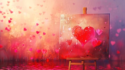 A vibrant love-themed poster for an event, featuring bold red and pink heart designs with elegant typography, displayed on a wooden easel in soft, romantic lighting.