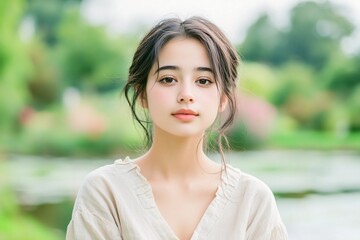 Fototapeta premium pensive expression,Serene solo portrait of a young woman with delicate features, soft skin,in nature with a warm friendly smile
