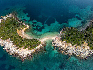 An aerial view of Ksamil Islands surrounded by blue and turquoise waters. Albania
