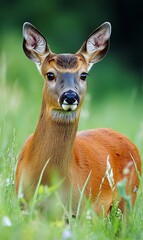 Fototapeta premium A young deer with reddish-brown fur, large ears, and dark eyes gazes directly at the camera, partially hidden in a lush green meadow with wildflowers.
