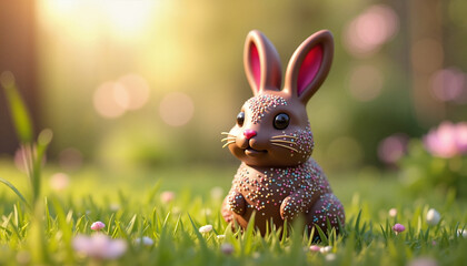 Chocolate bunny with colorful sprinkles sitting in the grass, creating a cheerful spring vibe