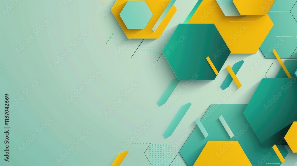 Poster a modern abstract design featuring hexagons in teal and yellow on a light background.