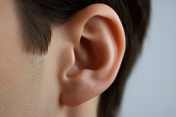 side view close-up of a human ear with smooth skin and dark hair on a neutral light blue background highlighting natural detail and anatomy
