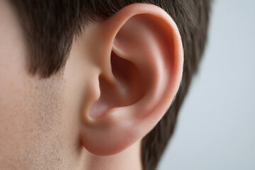 close-up of a human ear with short dark hair and smooth skin detail on a neutral light blue background emphasizing anatomical structure
