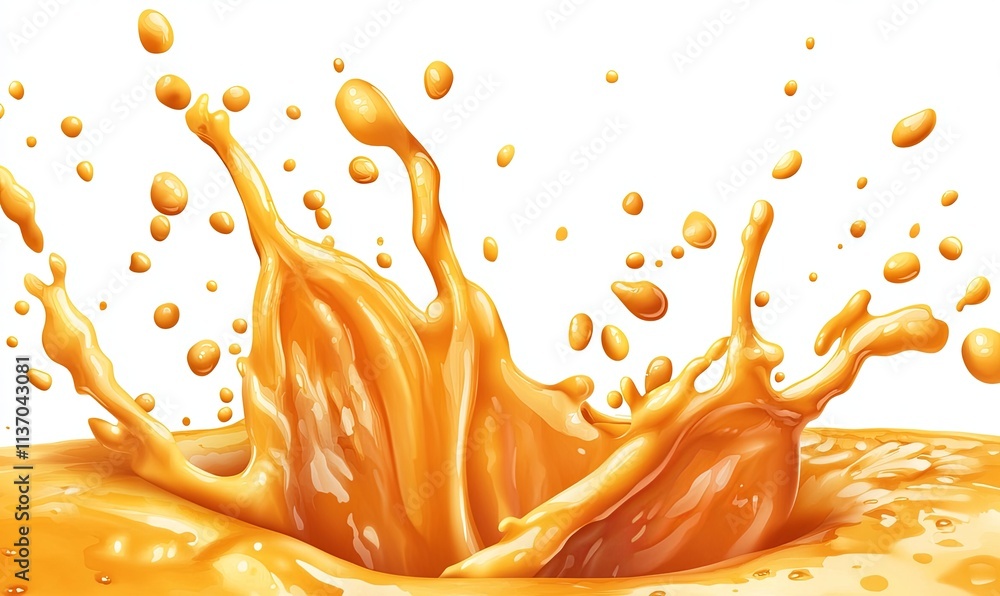 Poster close-up of a vibrant orange liquid splashing, creating dynamic crown splash with droplets isolated 
