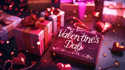 A vibrant Valentinea??s Day sale template for social media featuring gift box icons, sparkling effects, and a prominent "Valentinea??s Day Sale" message with a discount.