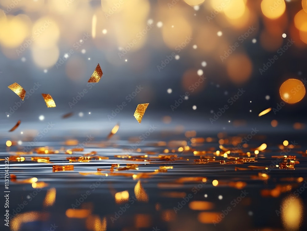 Aufkleber a shimmering background with golden confetti and bokeh lights creating a festive atmosphere.