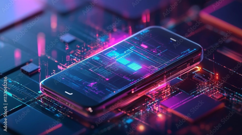 Poster futuristic smartphone with a digital interface glowing over a circuit board. the combination of tech