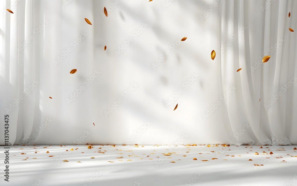 Poster a serene space with falling leaves and soft light, creating a tranquil atmosphere.