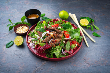 Mixed Thai style green leafy salad with marinated beef and peanuts served with vinaigrette dressing as close-upon a design plate