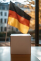 Wahlurne vor Fenster mit Flagge