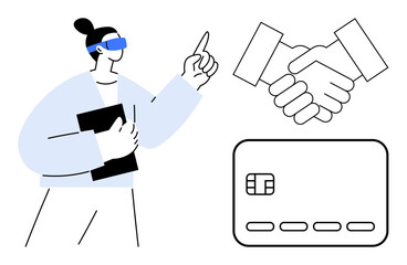 Business person wearing AR glasses holding a clipboard, pointing towards a handshake and credit card. Ideal for future business, technology integration, virtual reality, financial transactions